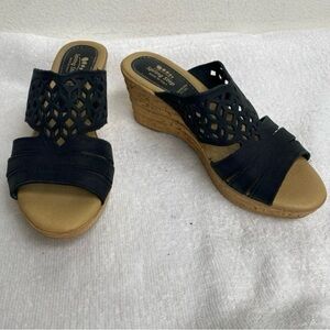 Spring Step Women Black Leather Perforate Faux Cork Wedge Platform Sandal Sz 7.5
